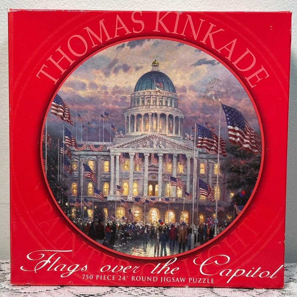 Thomas Kinkade American Flags Over Capitol 750 Piece Round Jigsaw Puzzle NEW